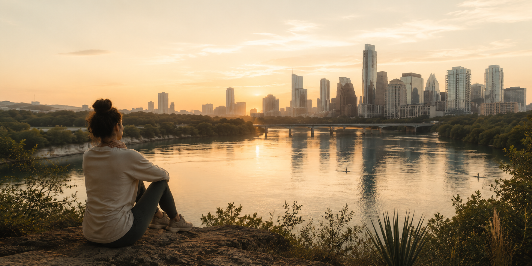 Austin skyline and patient reflecting on normalized chronic tension.