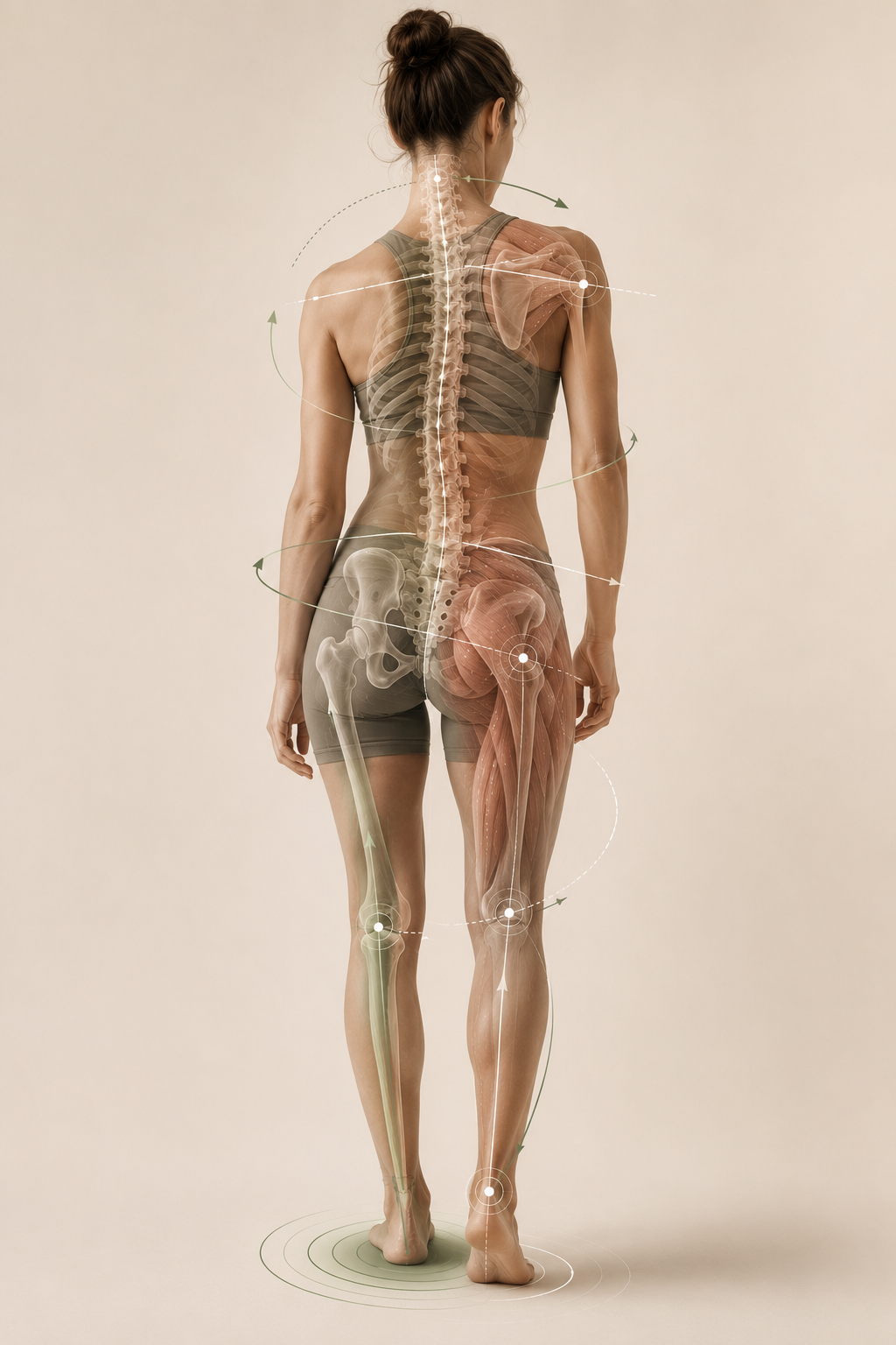 Corrective evaluation diagram showing posture, loading, rotation, stabilization, and mobility.