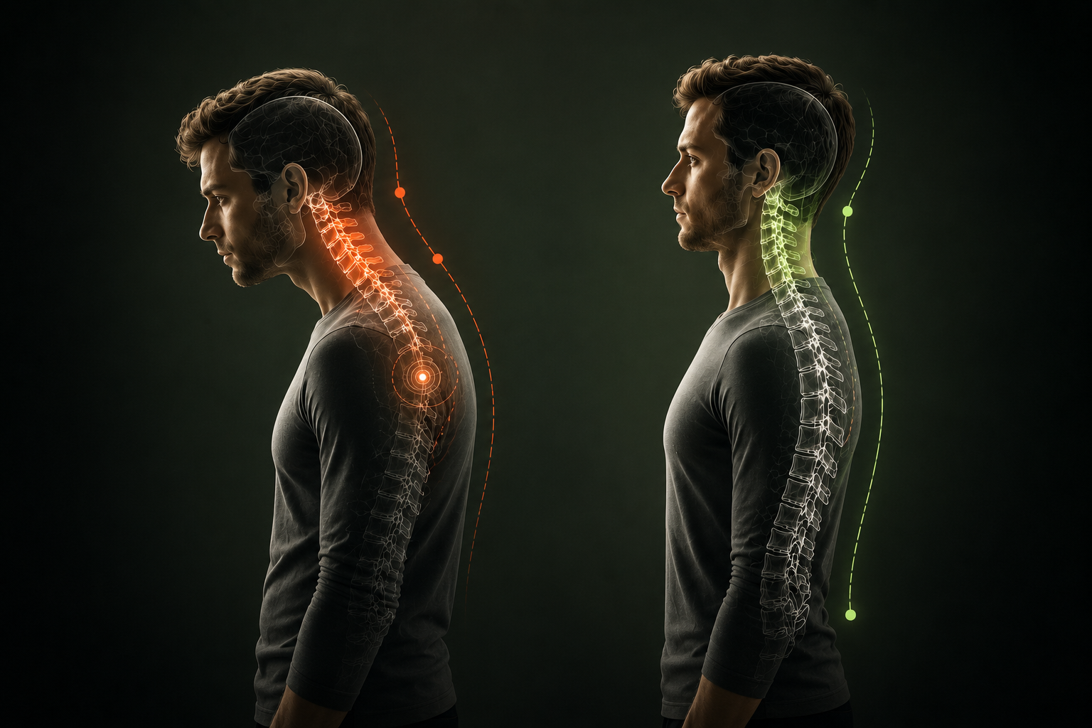 Side-by-side comparison of forward head posture and healthier spinal alignment with highlighted cervical spine stress.