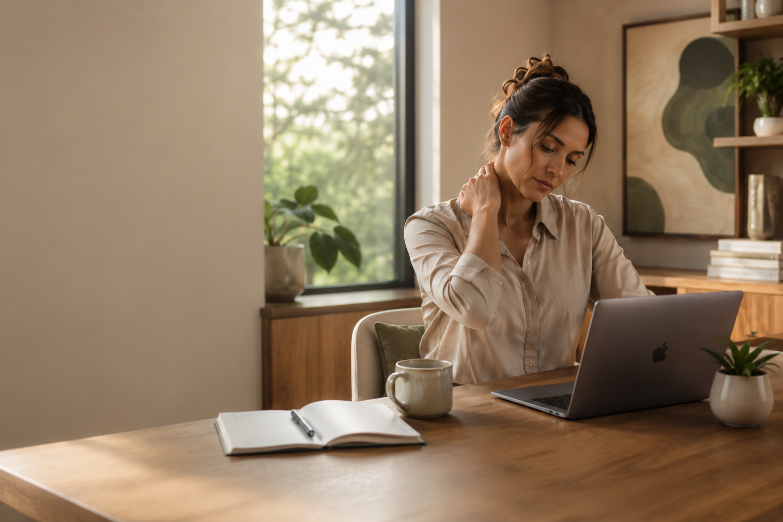 Woman with headaches from desk work and neck tension while working on a laptop.