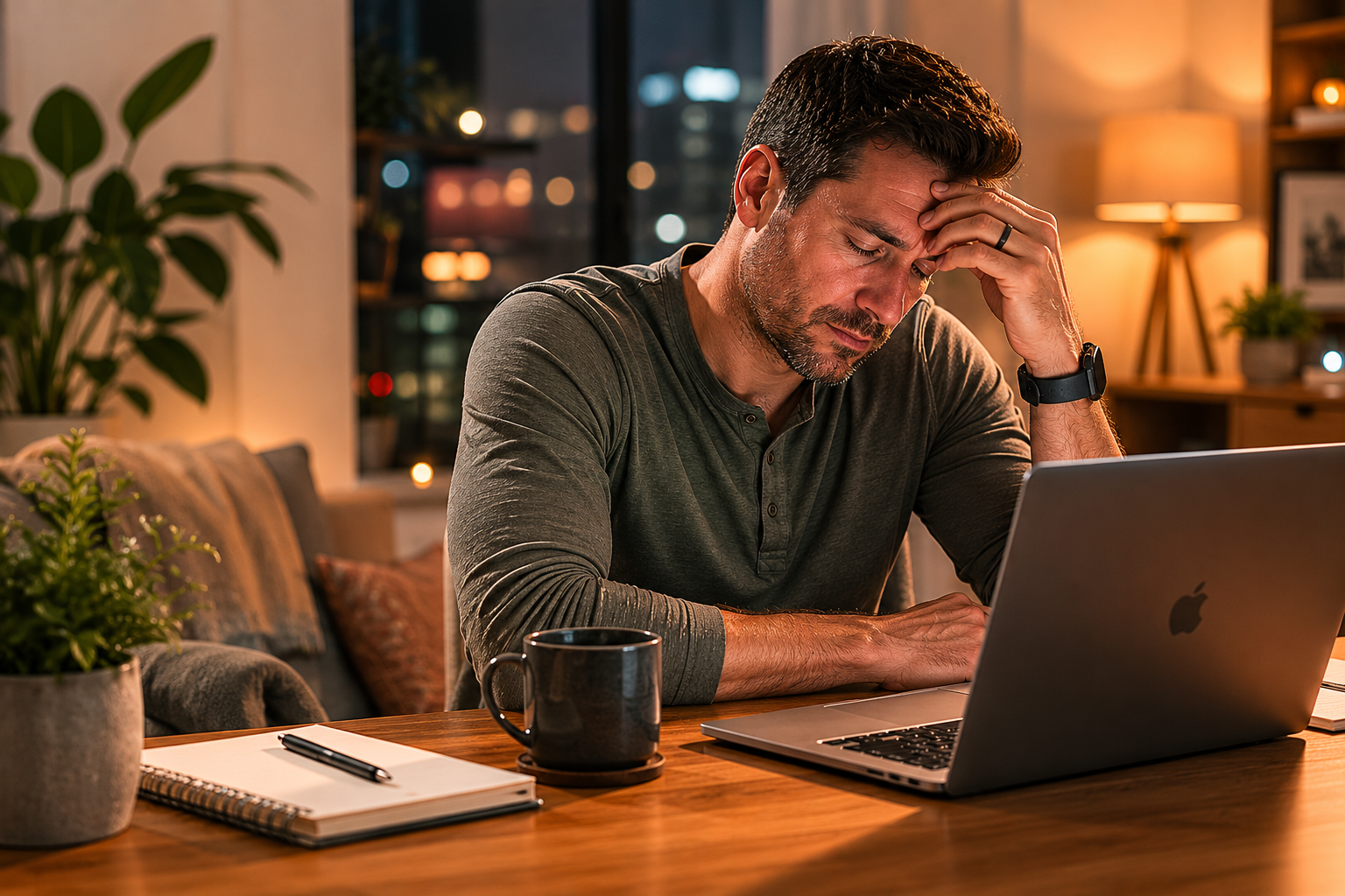 Person with a headache while working late at a laptop.