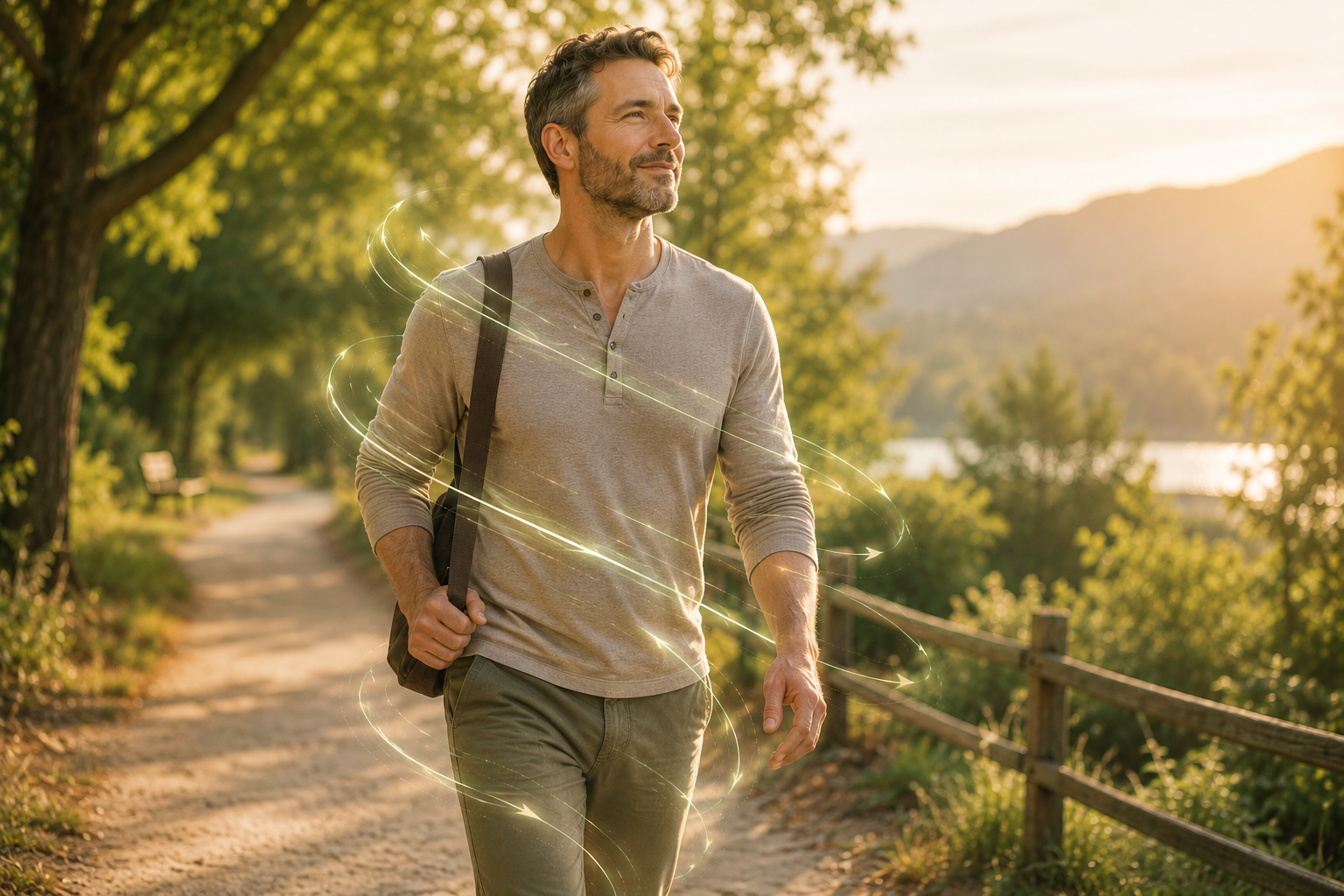 Patient walking outdoors after care.