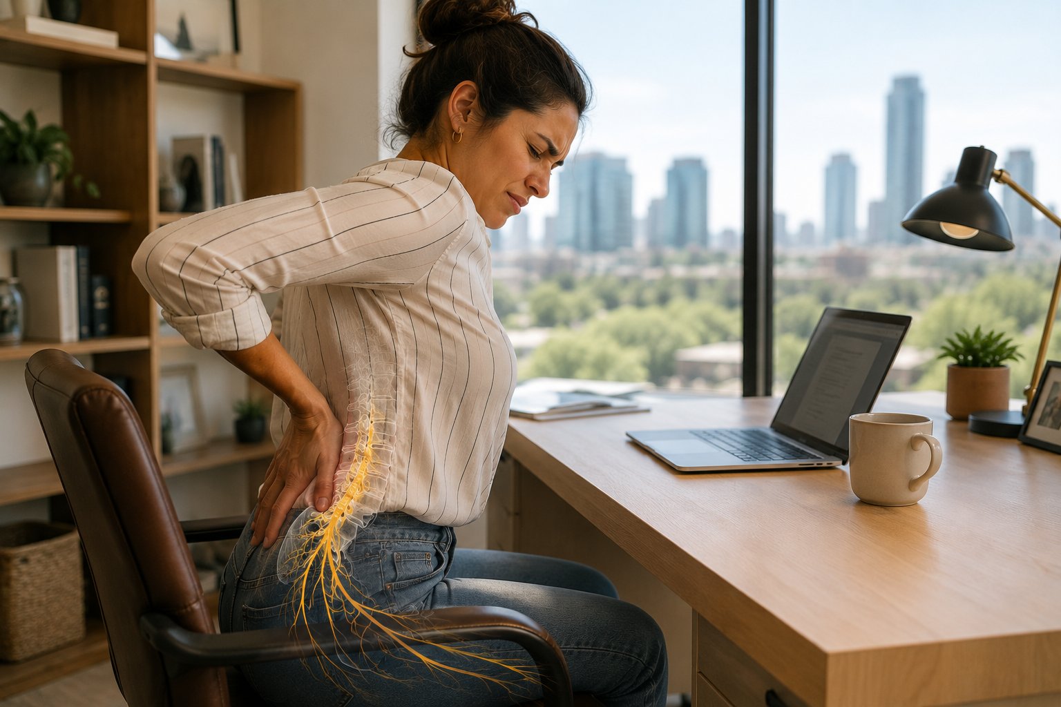Woman at a desk with sciatica symptoms and subtle low back nerve anatomy overlay.