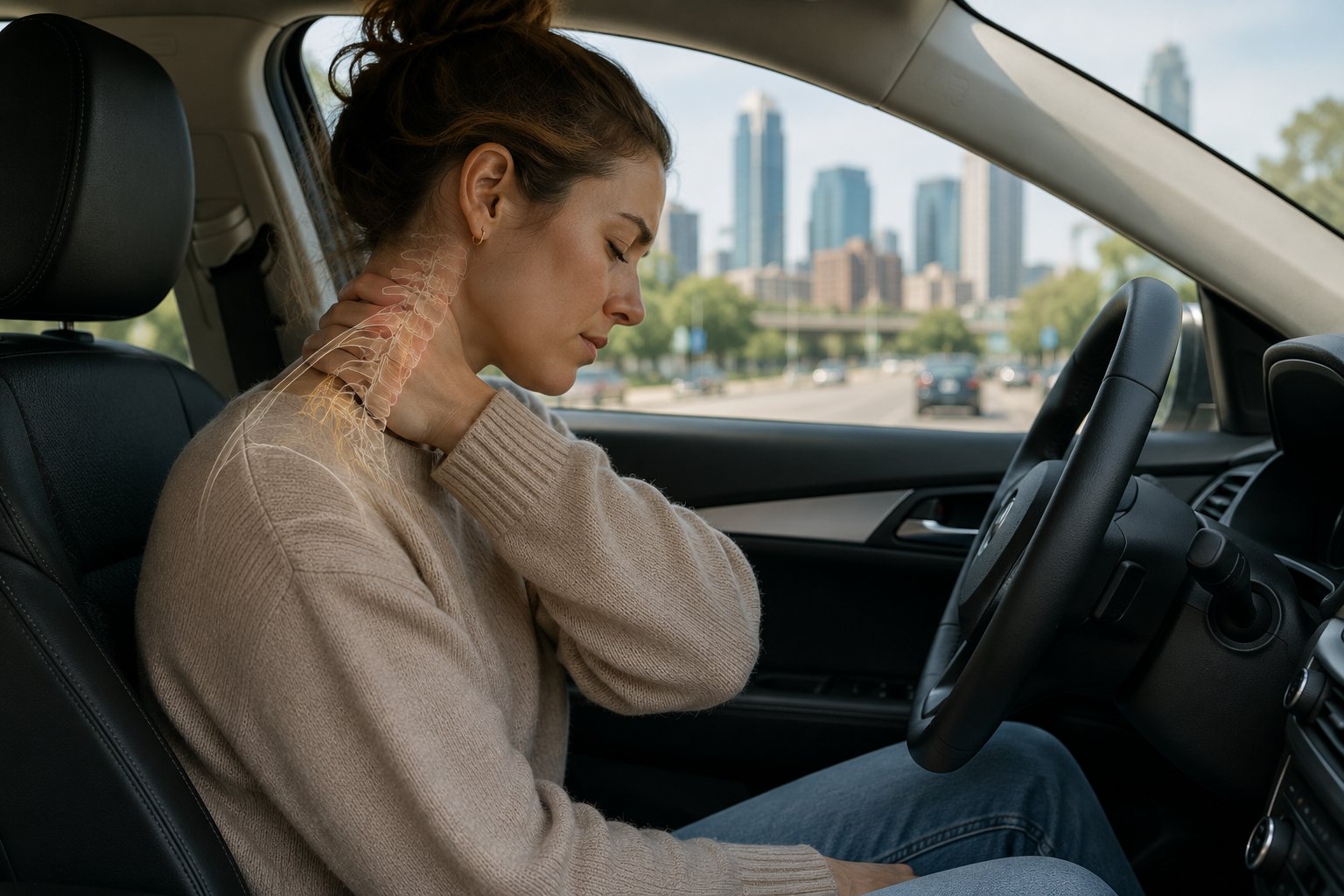 Woman seated in a car with neck pain and subtle cervical anatomy overlay after an auto accident.