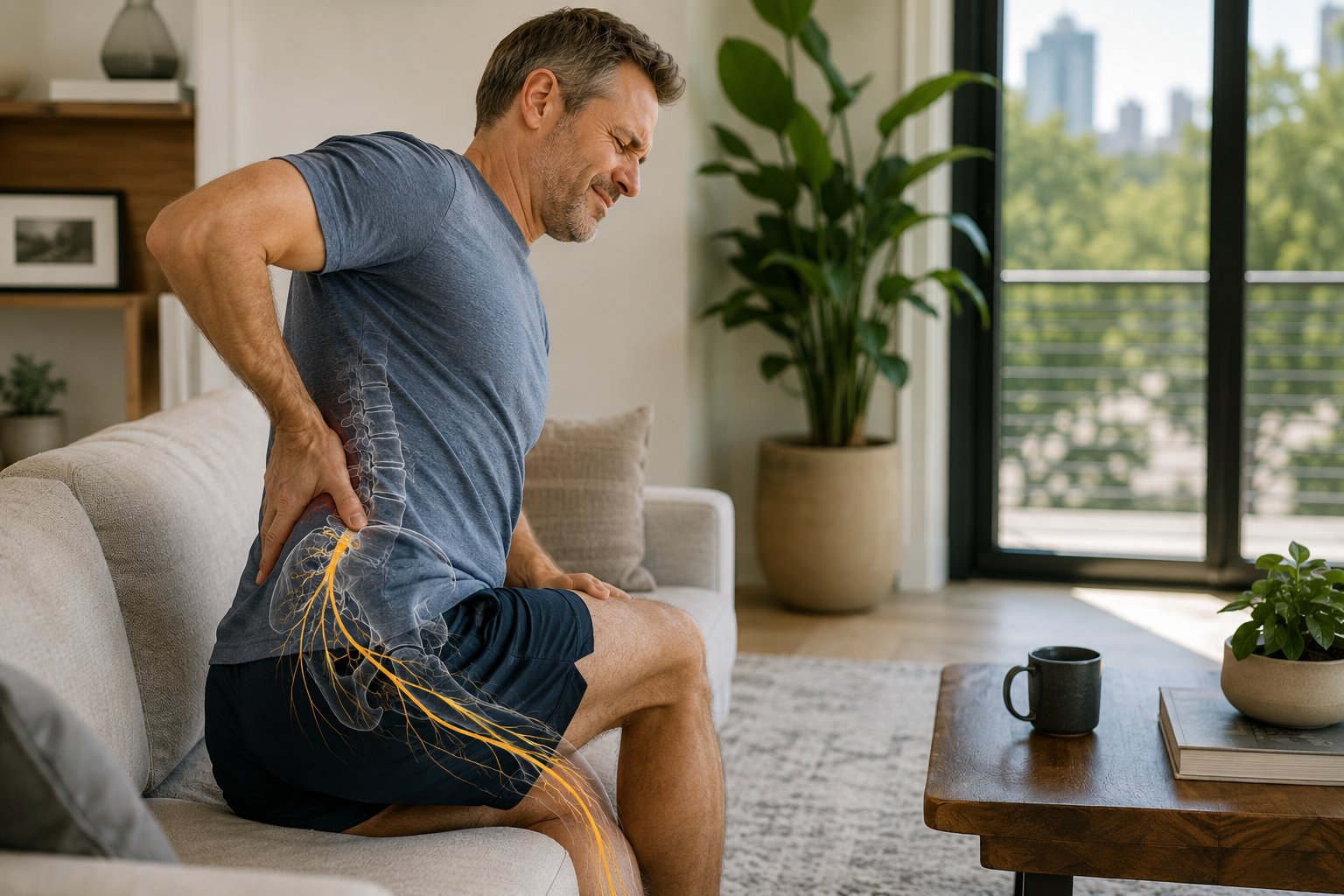 Man seated with sciatica symptoms and subtle low back nerve anatomy overlay.
