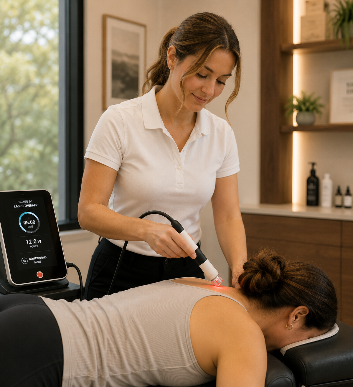 Class IV laser therapy used around the neck and shoulder.