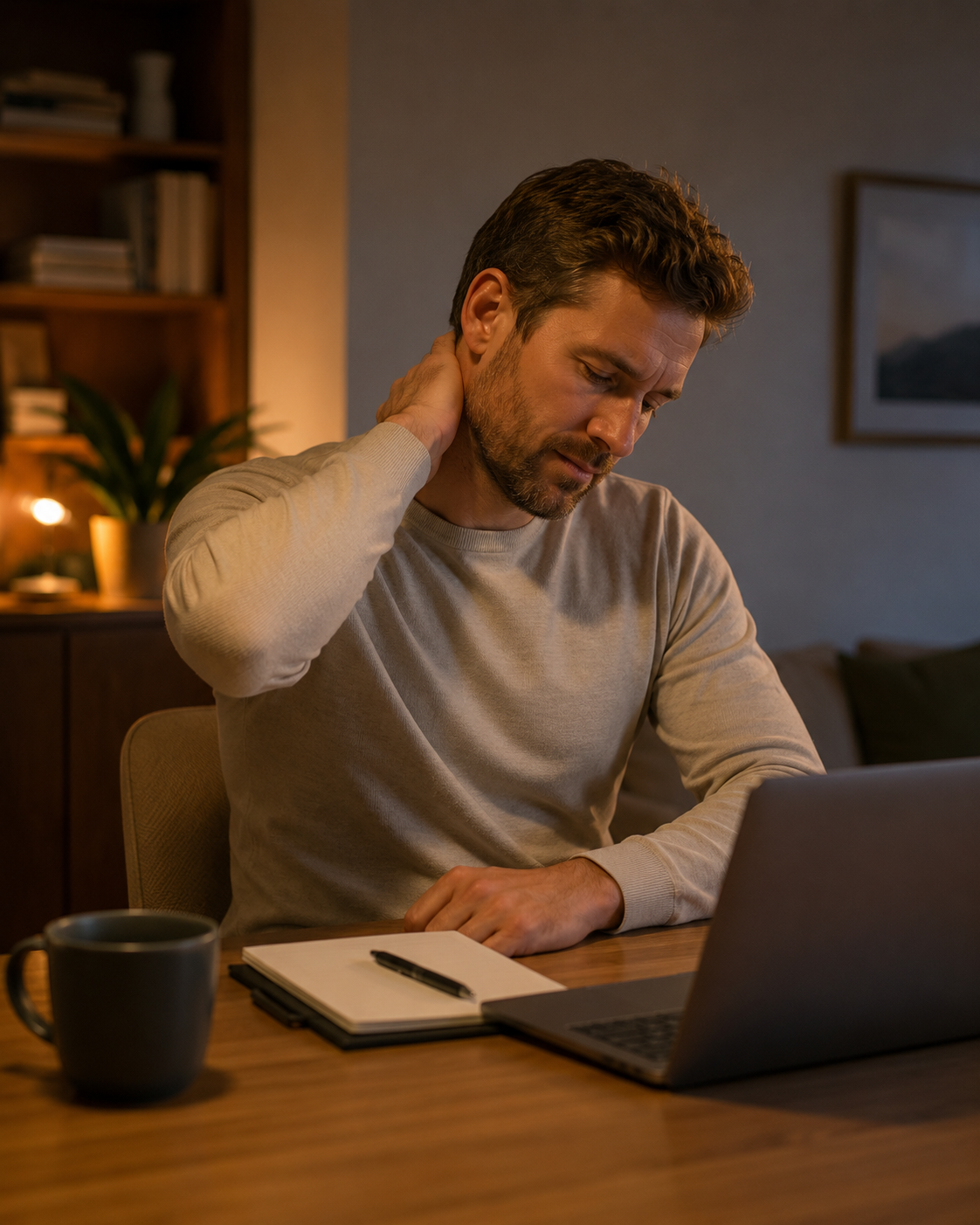 Man sitting at a desk with evening neck tension.