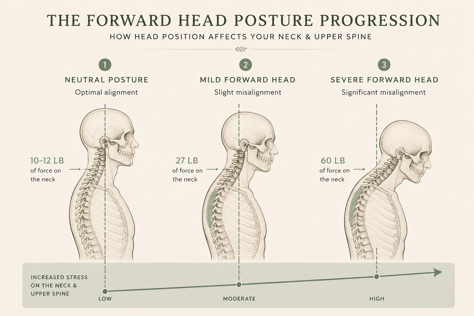 Illustration showing how forward head posture increases neck load.
