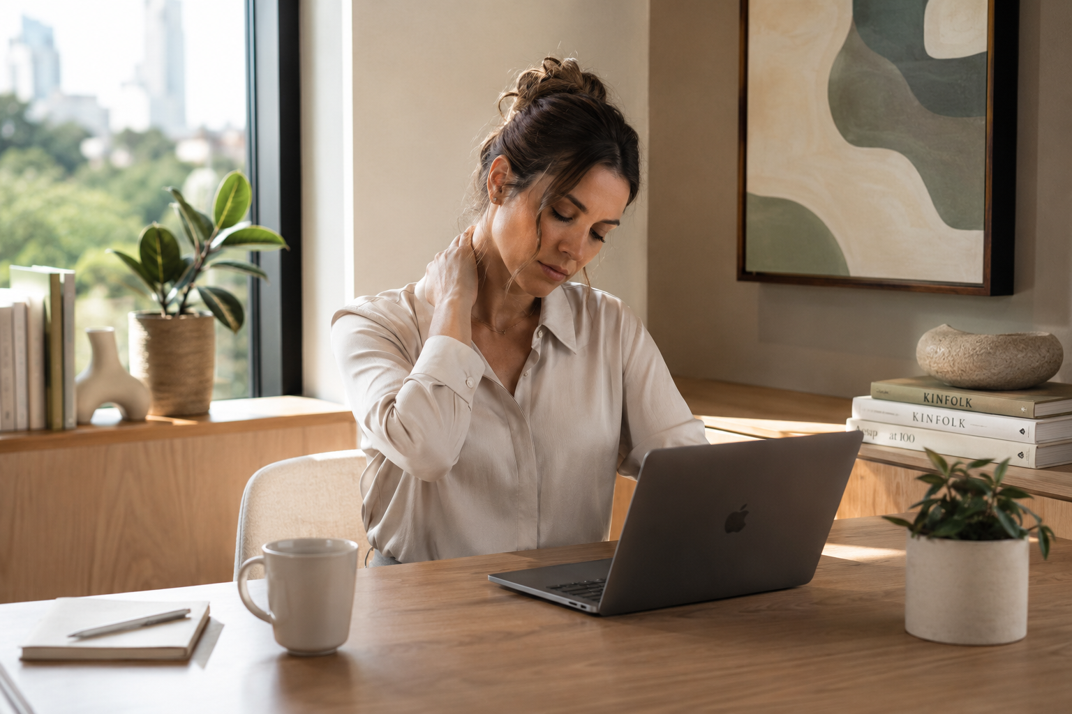 Woman at a desk holding her neck with tension from screen work.