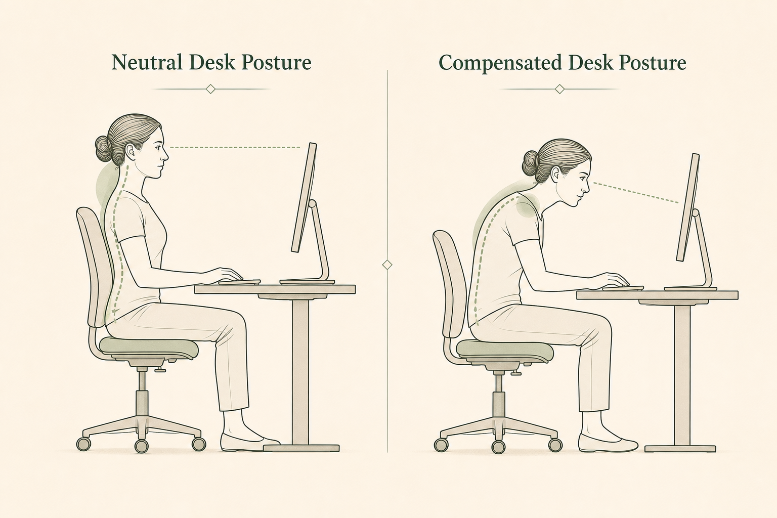 Side-by-side educational diagram comparing neutral seated desk posture with compensated forward desk posture, highlighting the neck, upper traps, shoulders, and upper back.