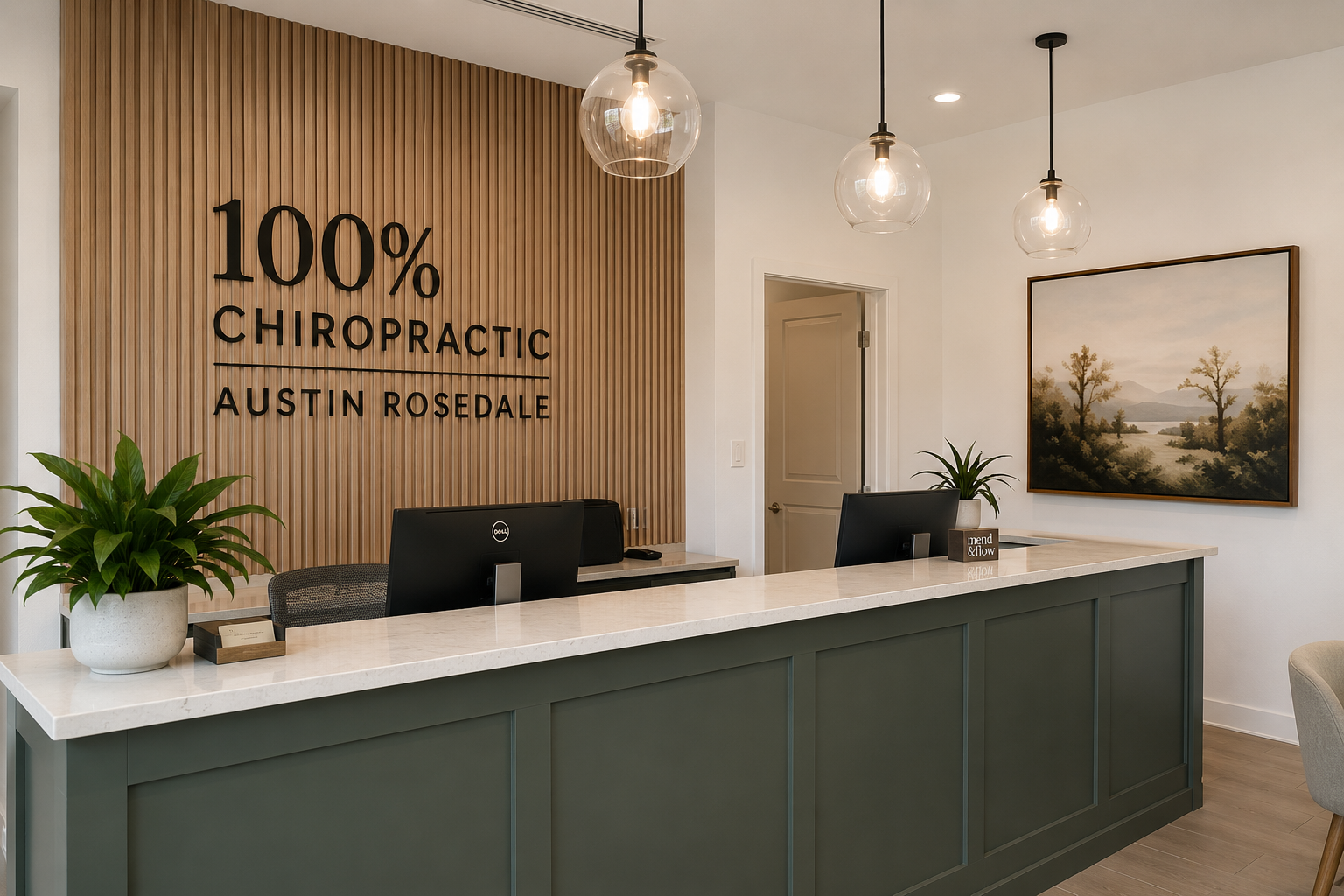 100% Chiropractic Austin Rosedale clinic reception area.