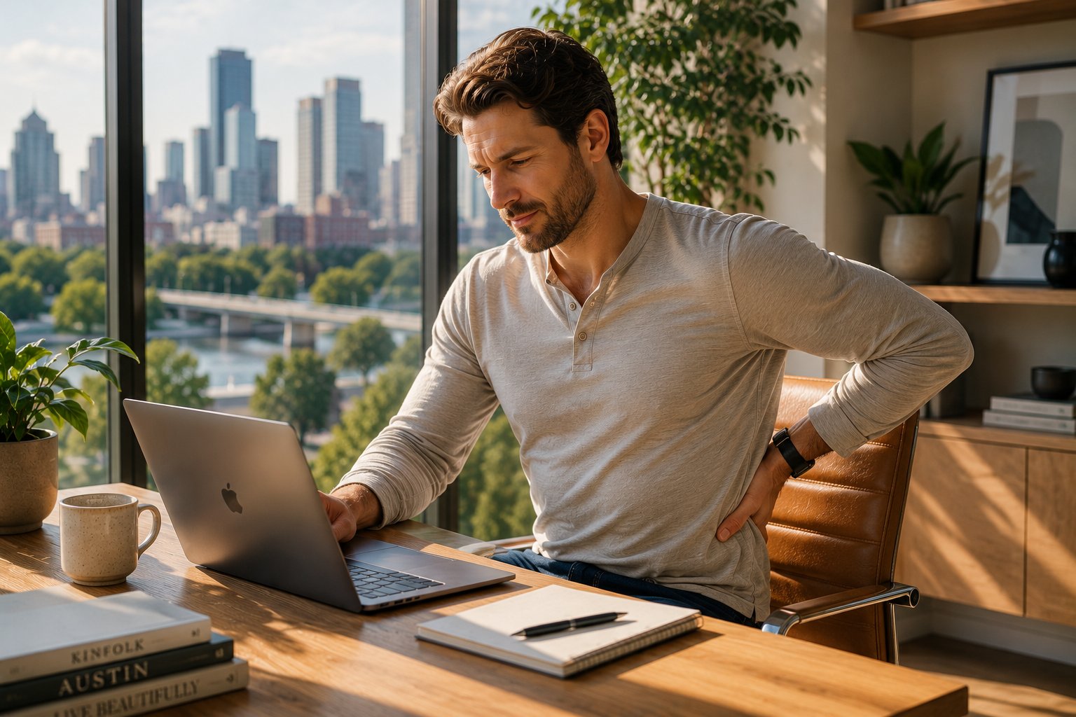 Man with low back pain while working at a desk in Austin.