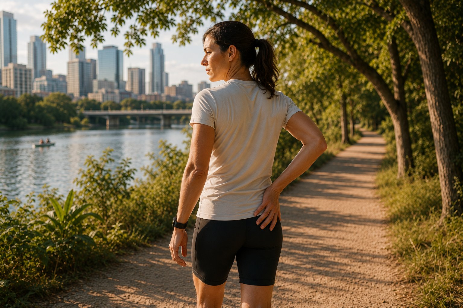 Woman walking with recurring sciatica symptoms on an Austin trail.