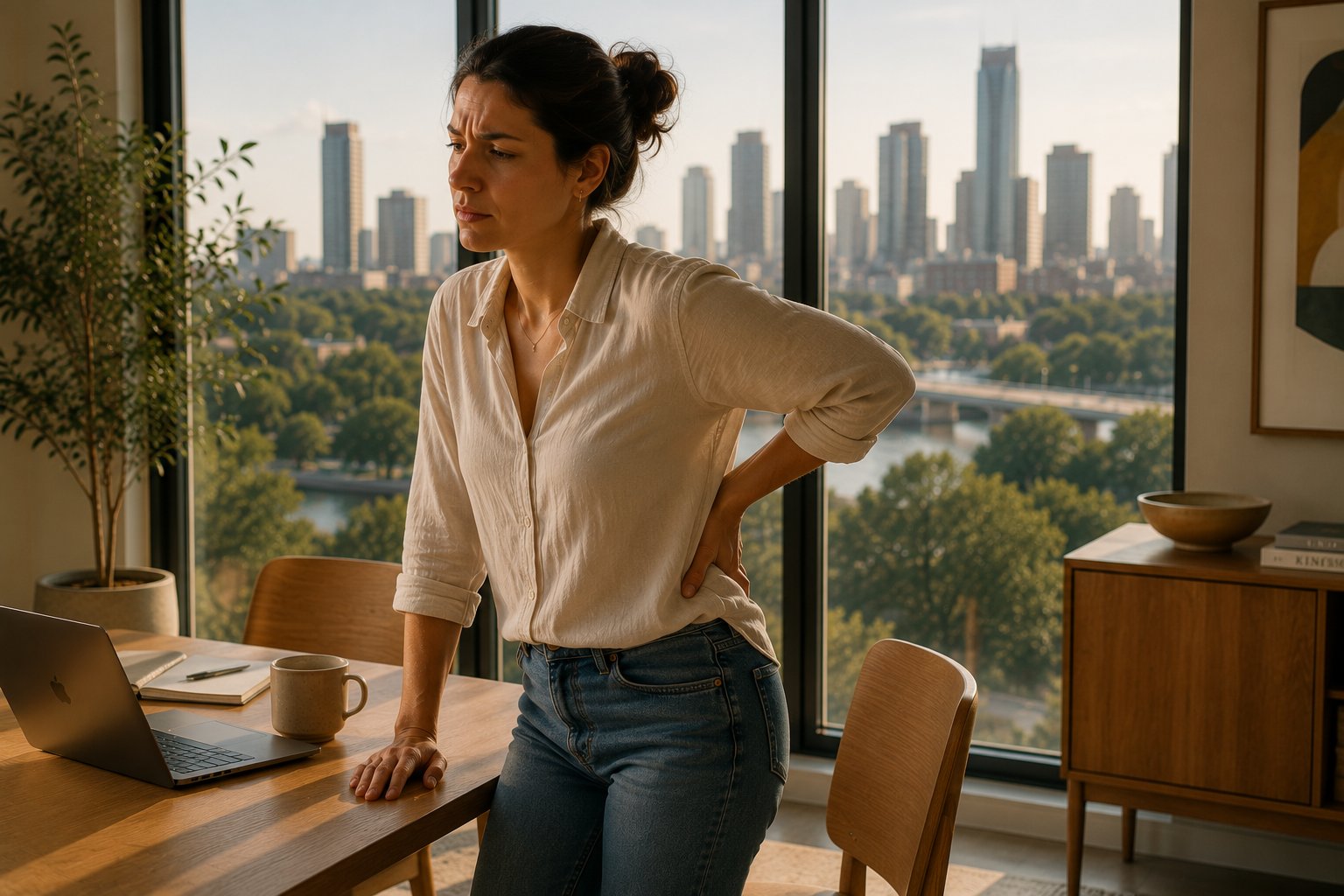 Woman with recurring low back pain while working at a desk in Austin.