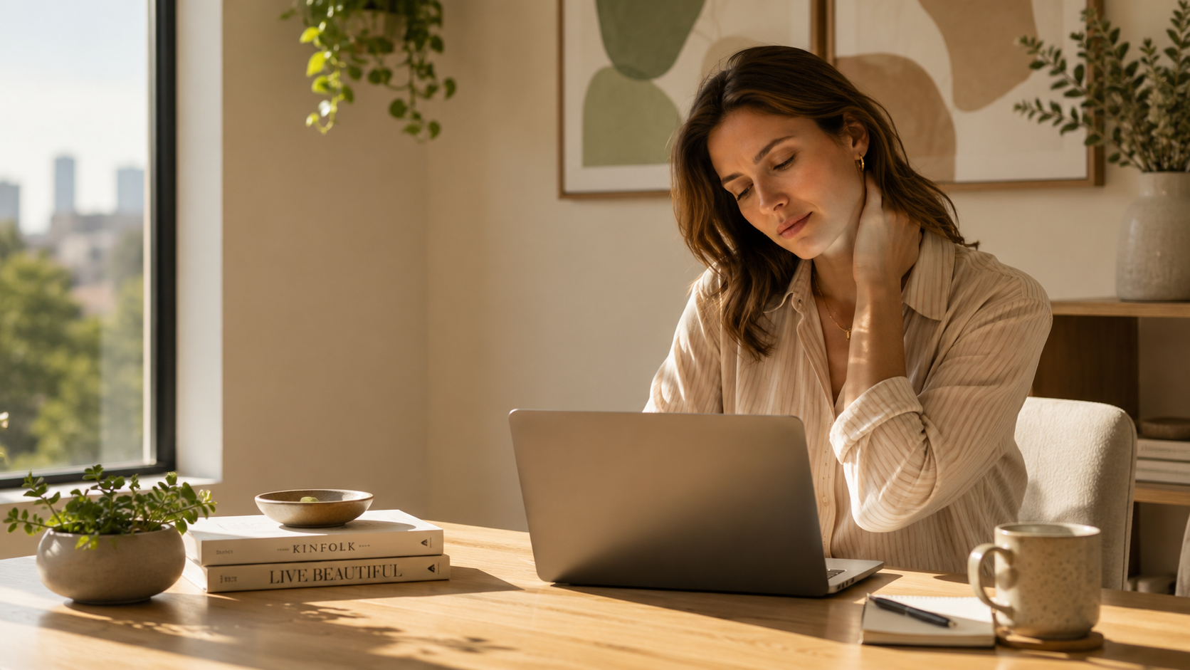 Person holding their neck while recurring pain returns during the workday.