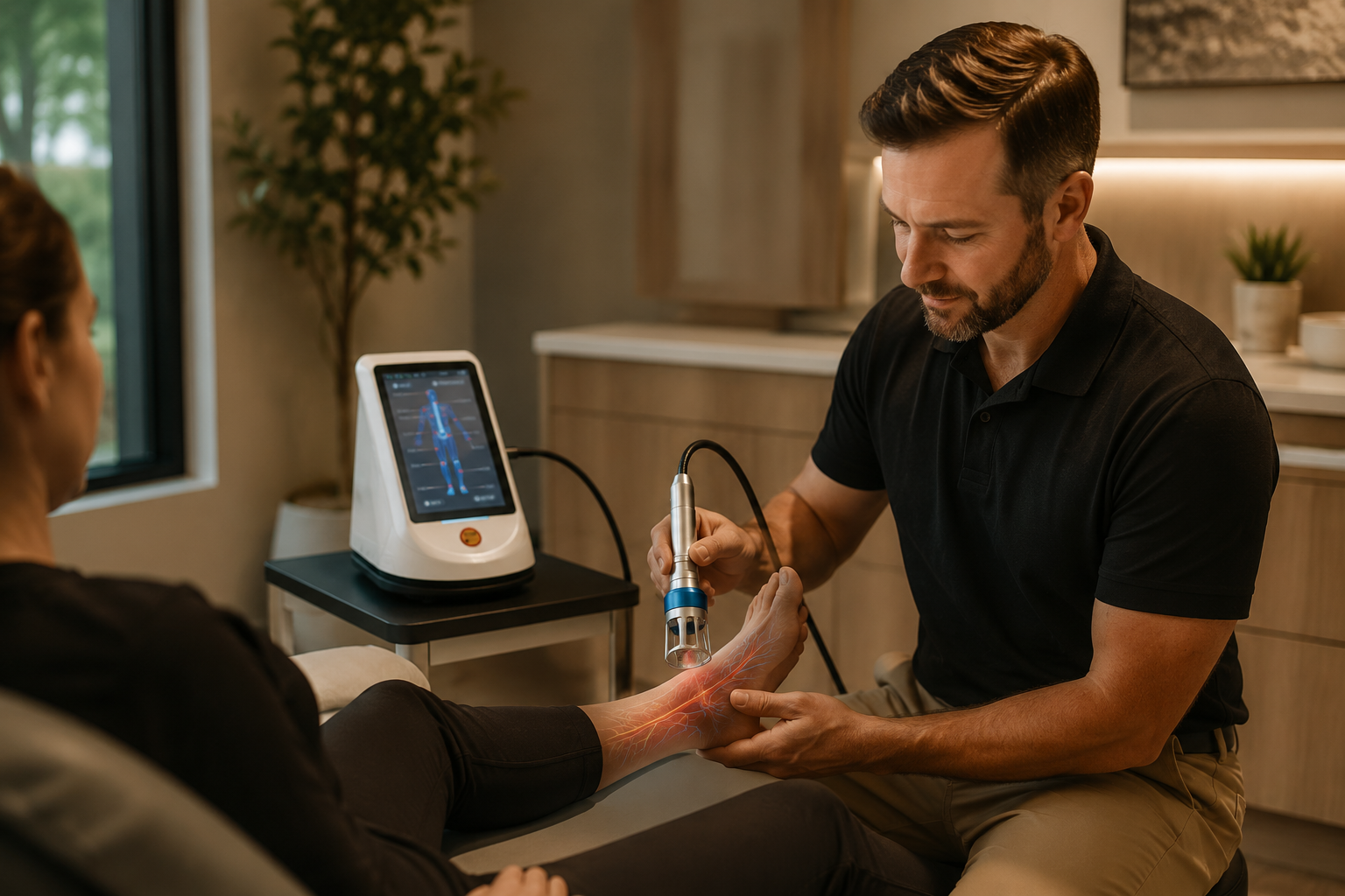 Class IV laser therapy device used on a patient's leg.