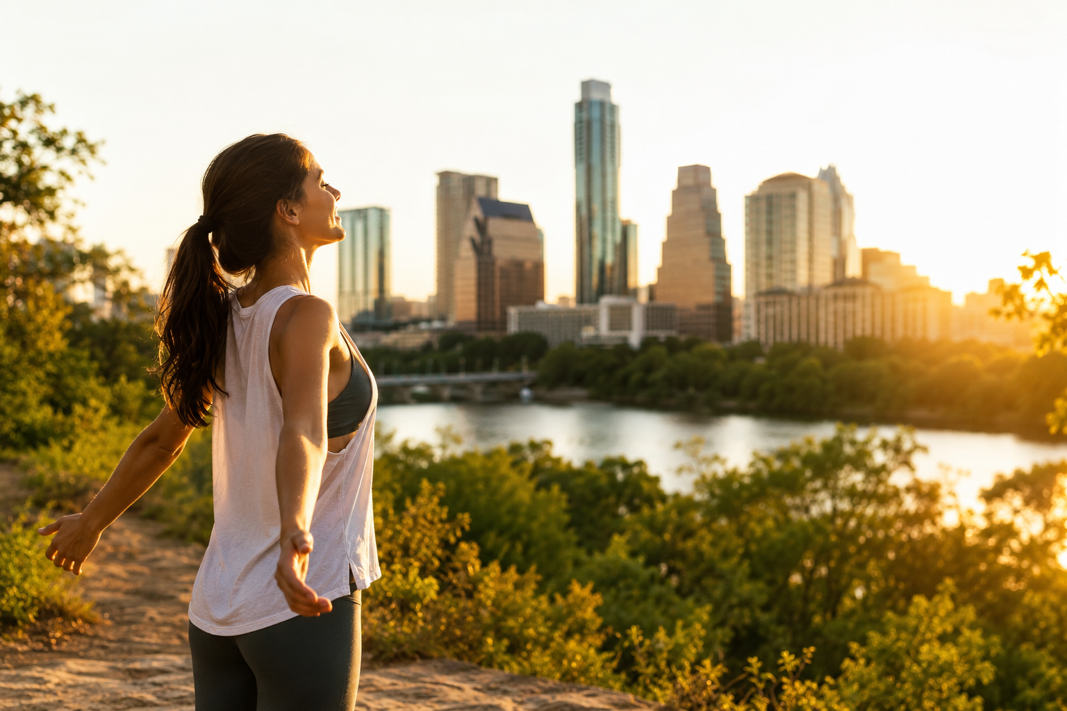 Austin waterfront and skyline at sunset.