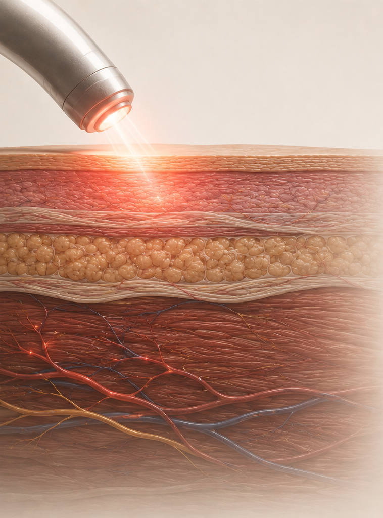 Low-level laser reaching primarily superficial tissue layers.