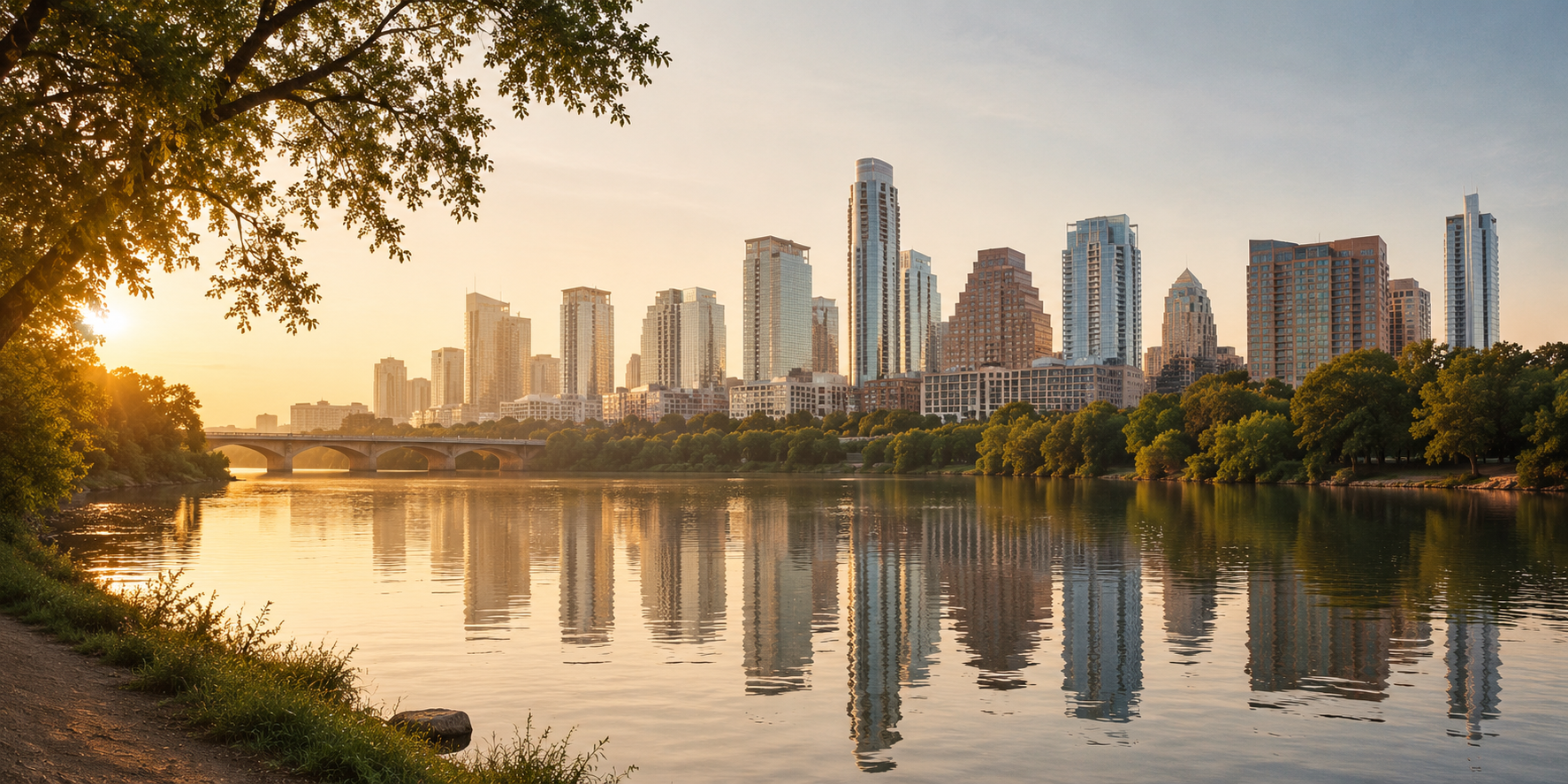 Austin skyline over the waterfront at golden hour.