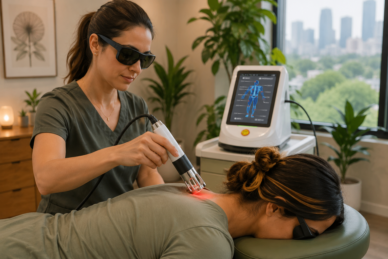 Class IV laser therapy on shoulder and neck area.