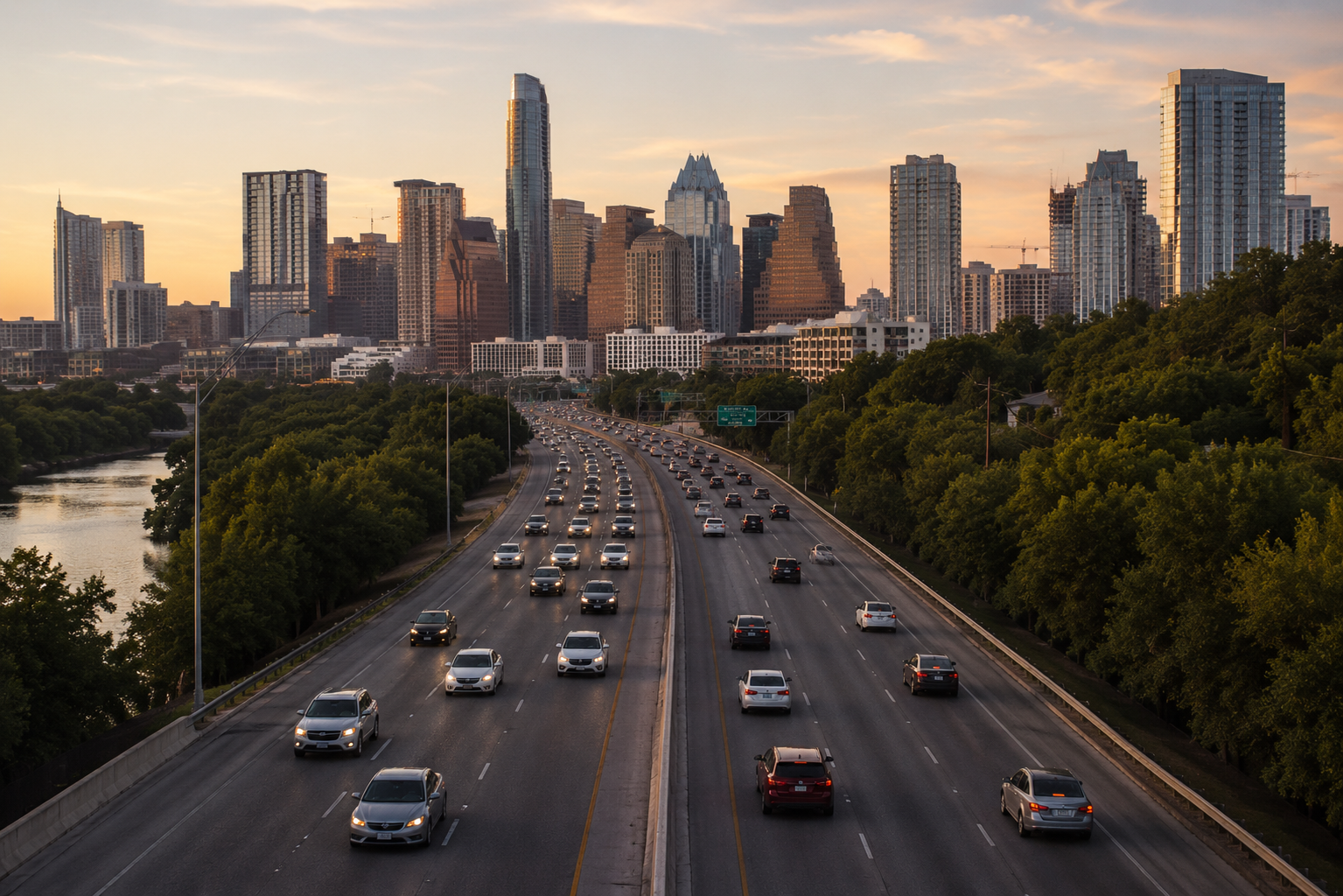 Austin skyline and traffic at sunset.