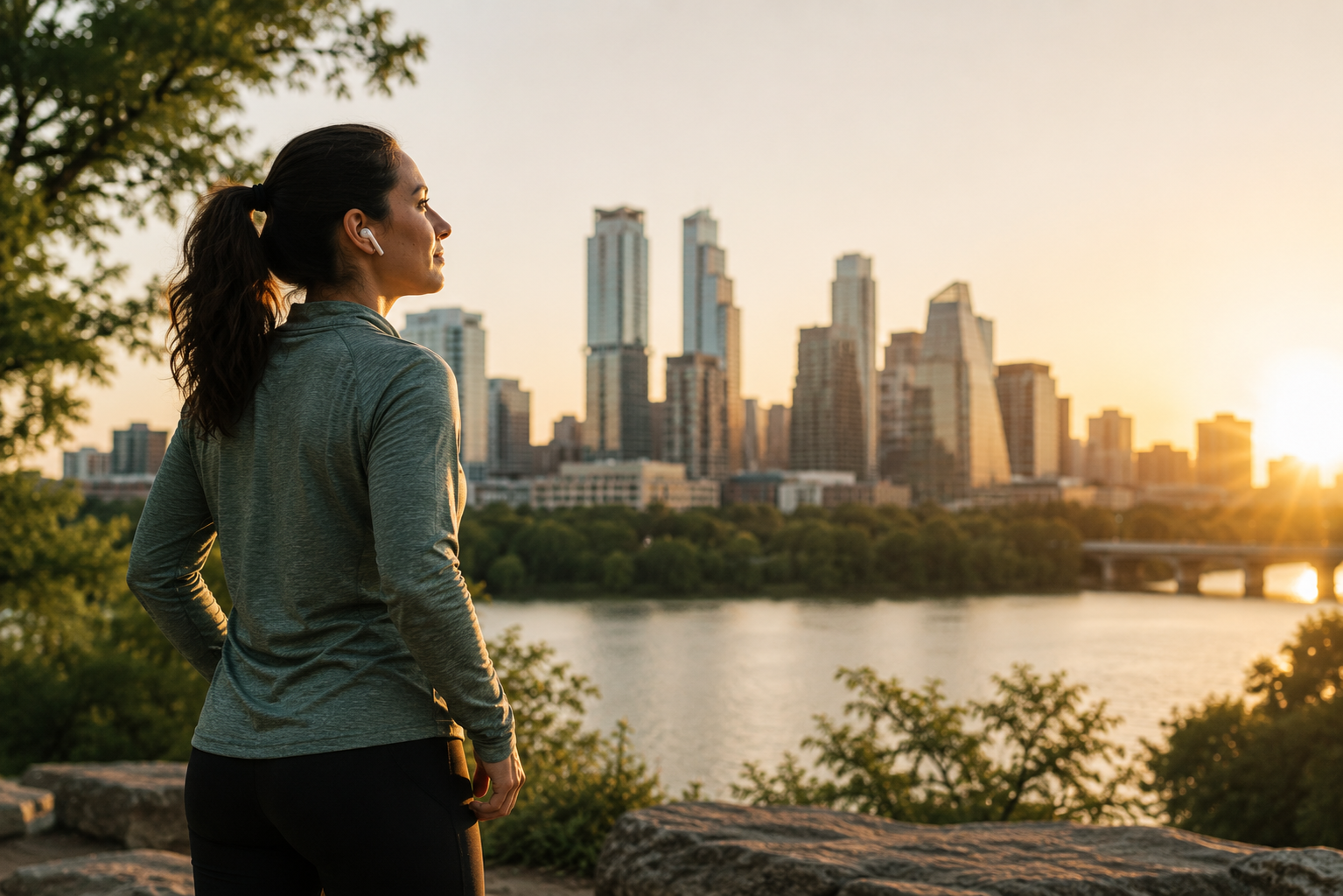 Woman walking near the Austin skyline after recovery.