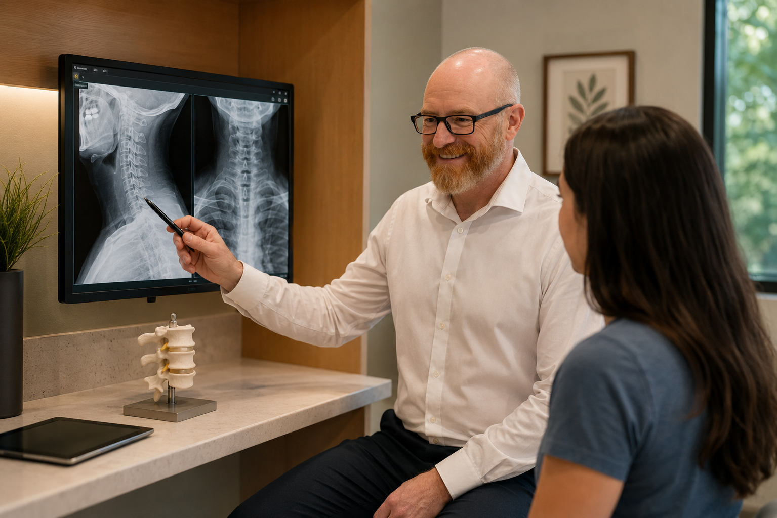 Doctor reviewing cervical spine X-rays with a patient after a car accident.