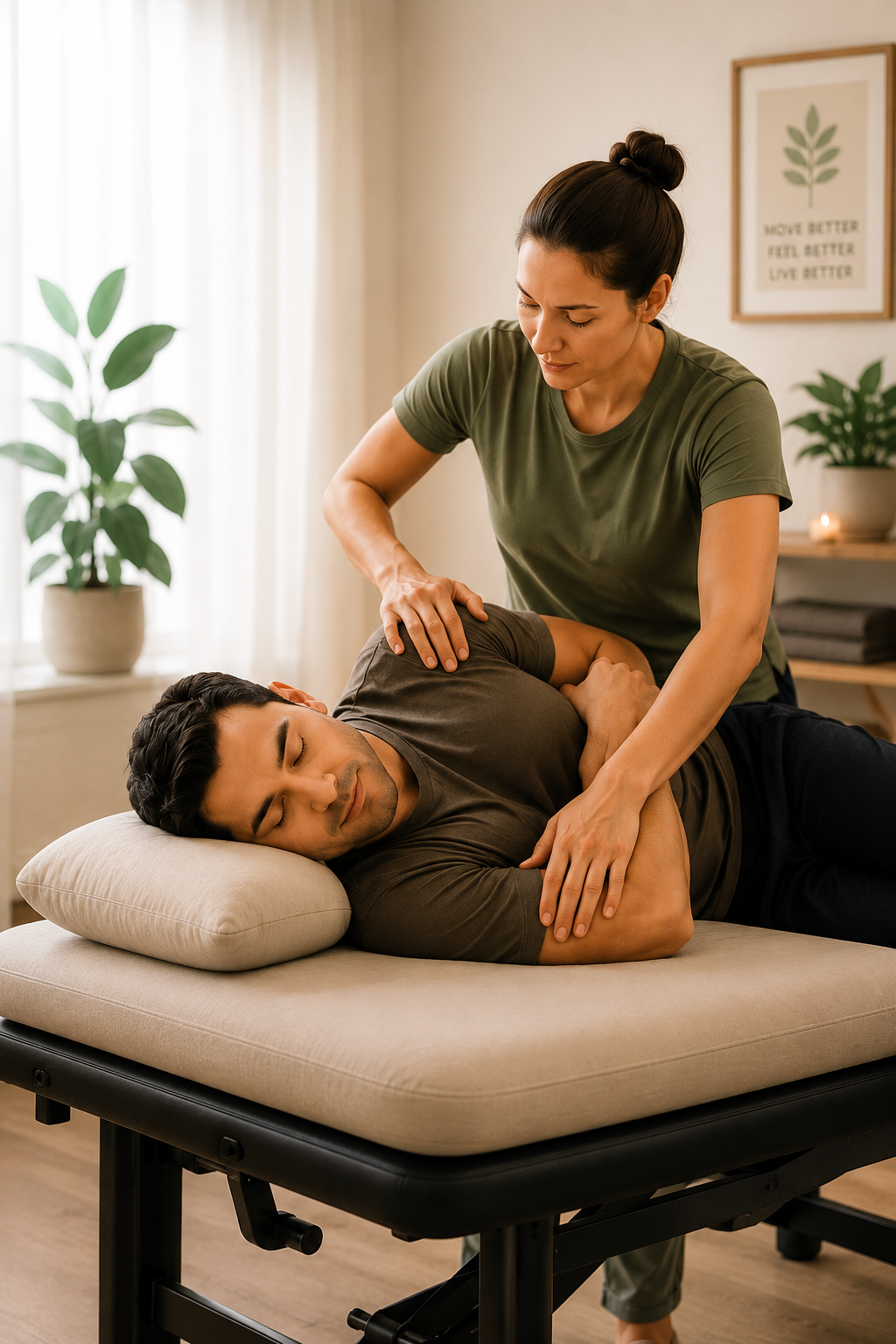 Manual therapist working with a patient on a treatment table.