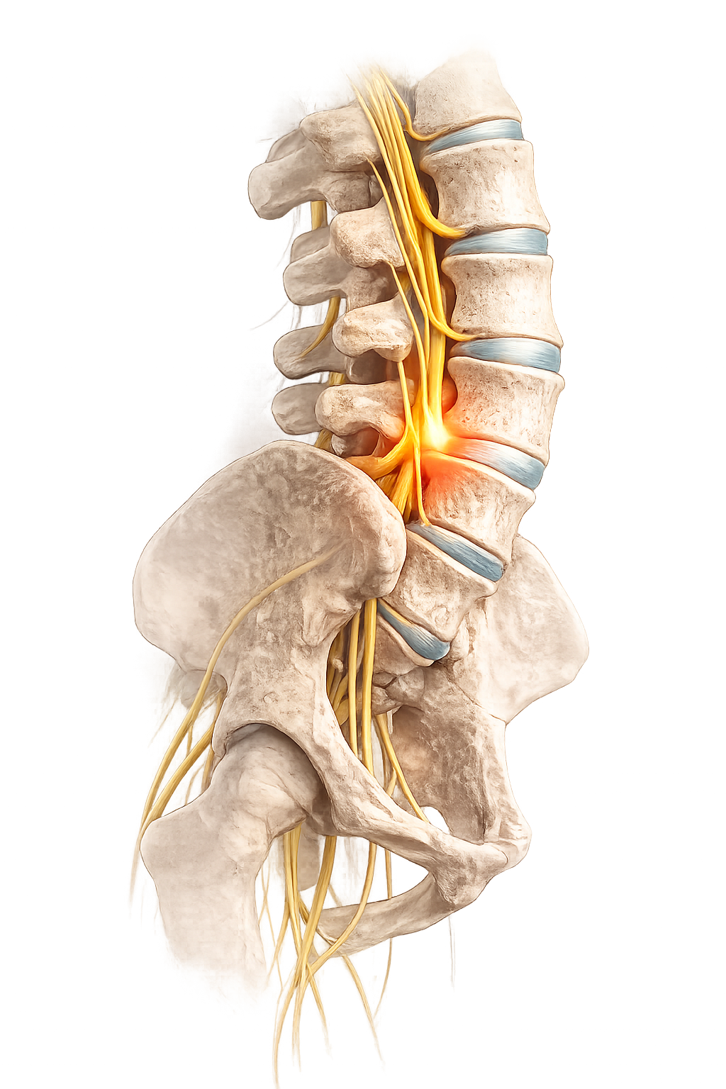 Illustration of the low back, pelvis, and sciatic nerve pathway.