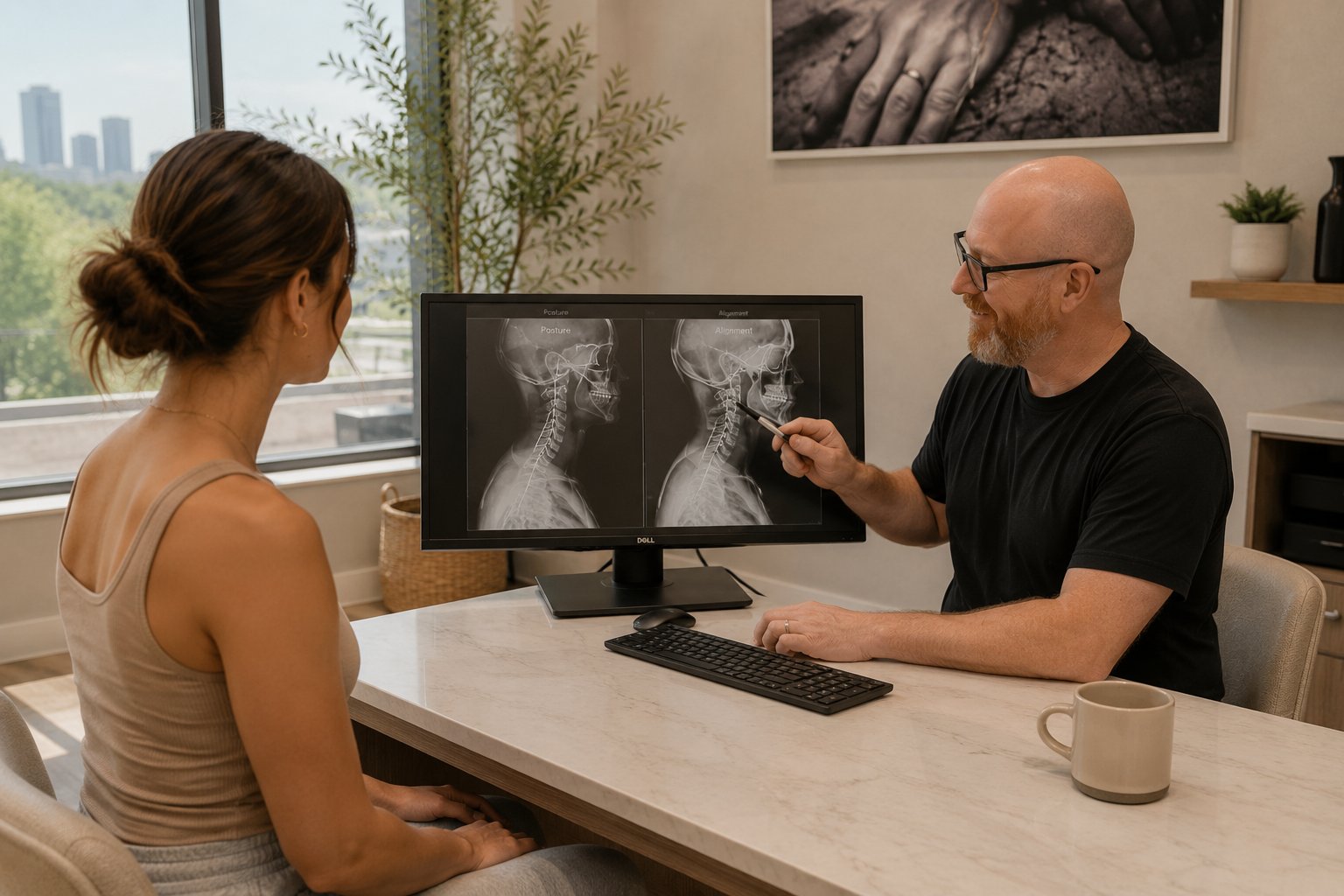 Dr. Kellerman reviewing corrective care findings at 100% Chiropractic Austin Rosedale
