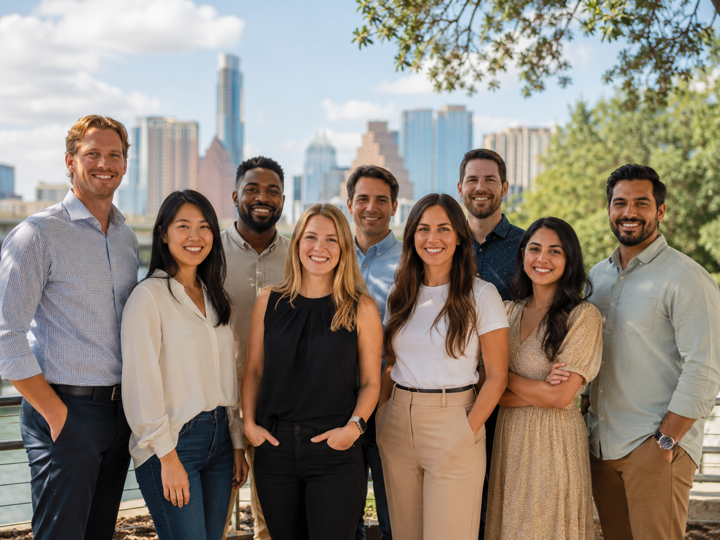 Healthy Austin team standing together near the lake.