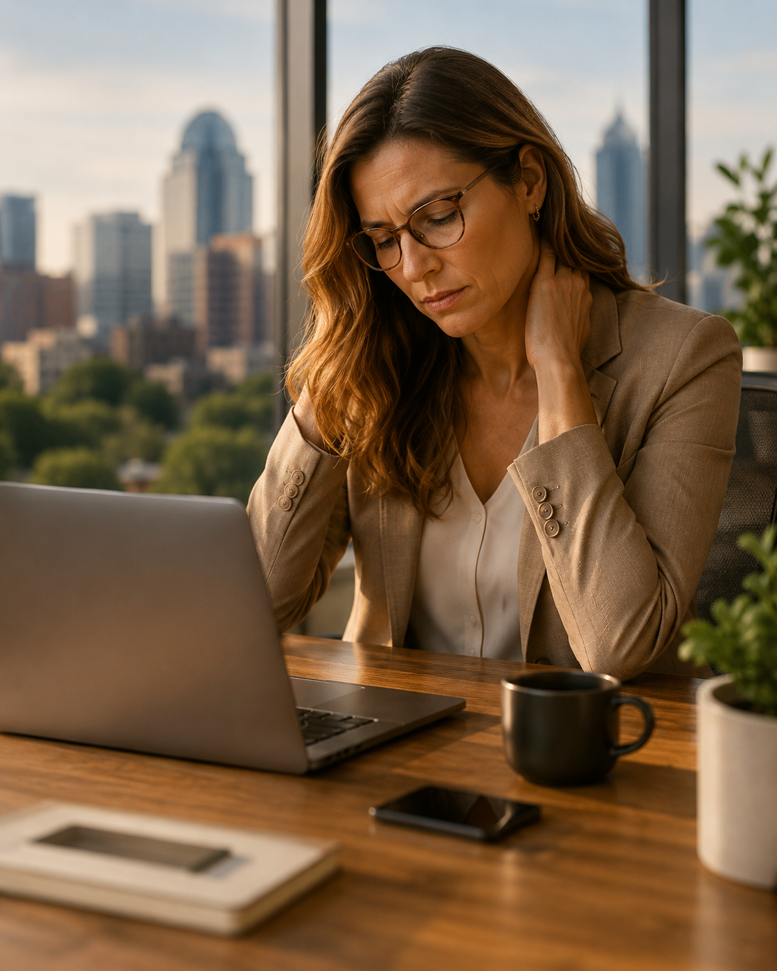 Austin executive holding her neck at a laptop during a pain flare-up.