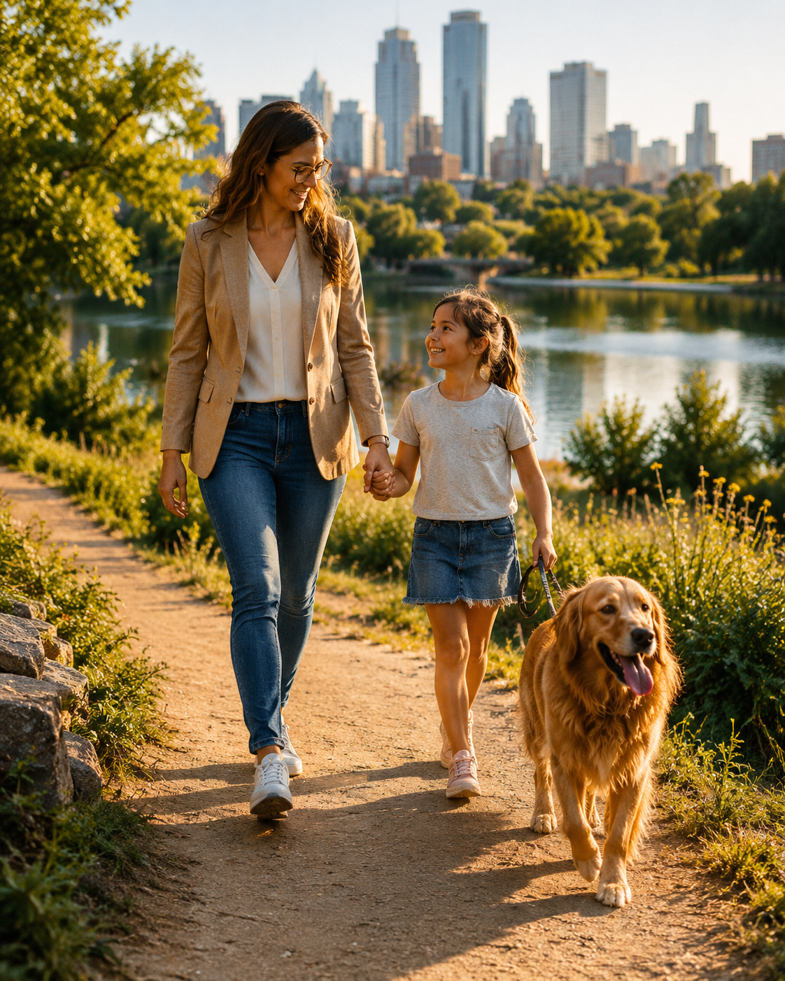 Austin leader walking near the lake with family after care.