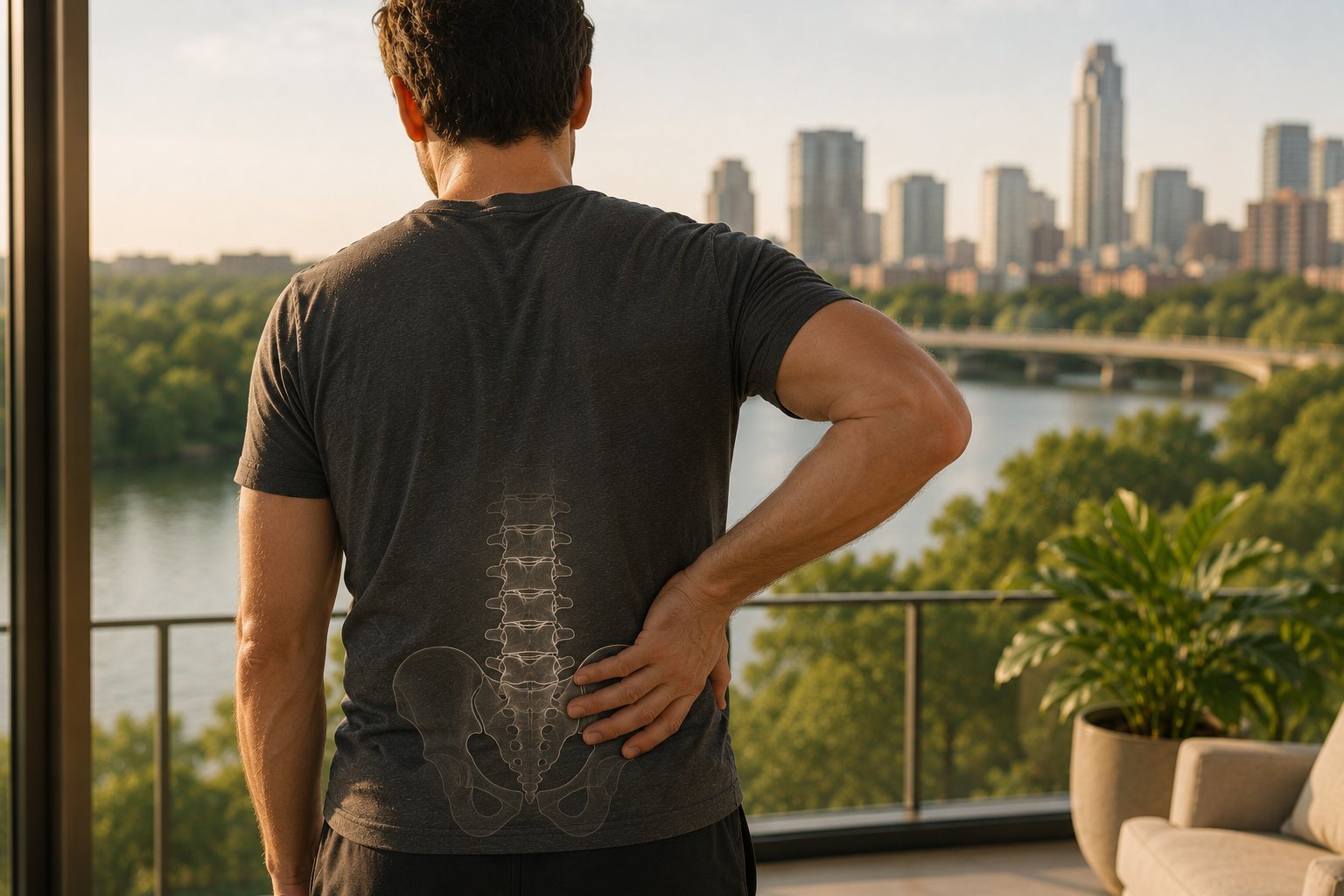 Man with recurring low back pain and subtle anatomy overlay.