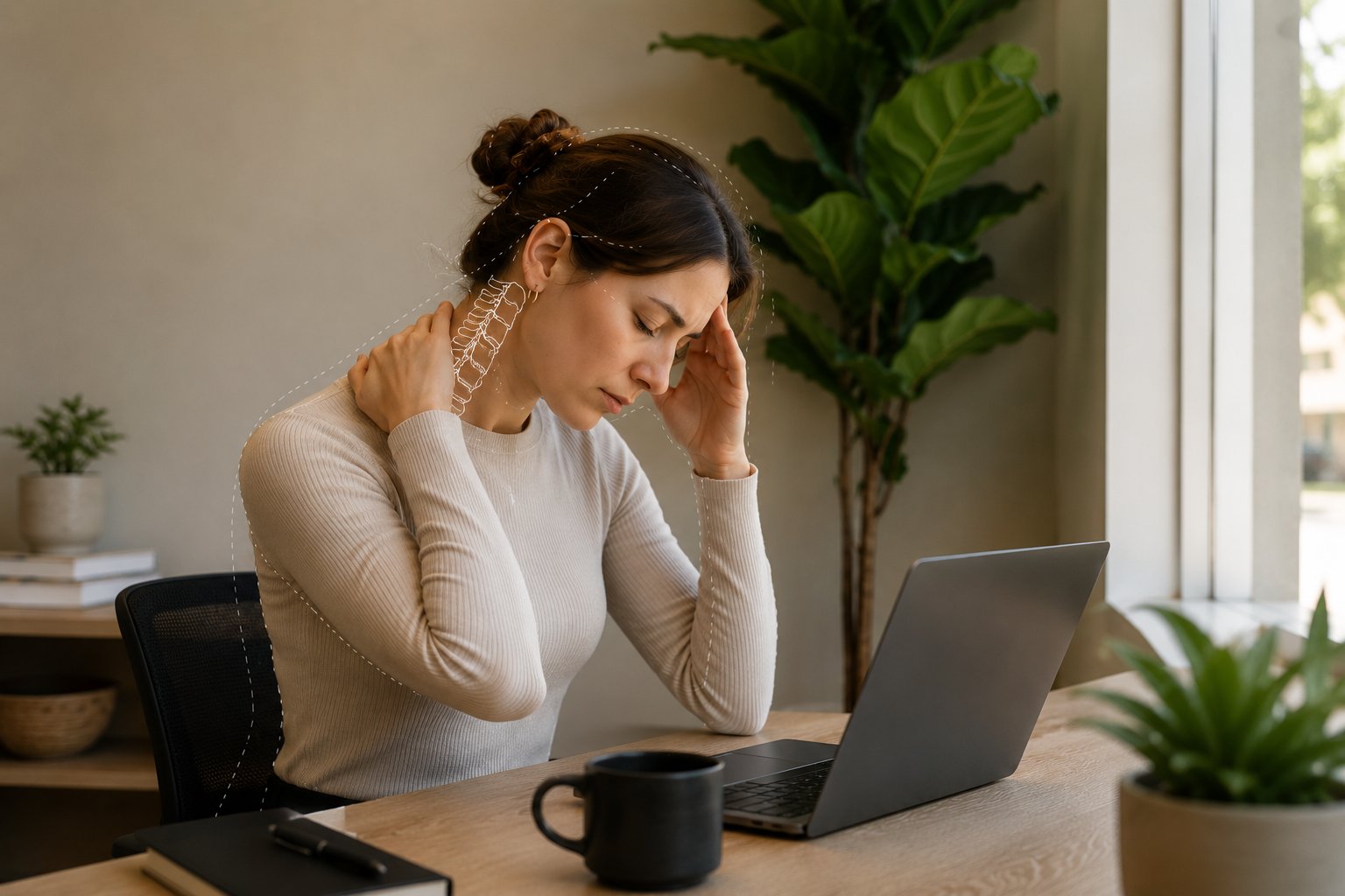 Woman with desk-work headache and subtle neck anatomy overlay.
