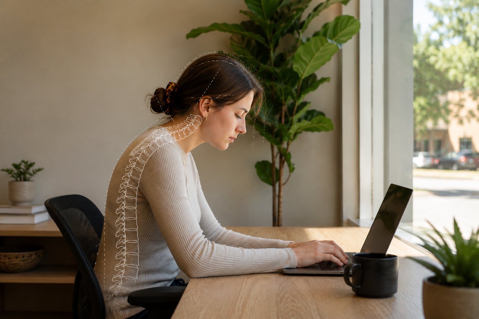 Woman at a laptop with subtle forward head posture anatomy overlay.