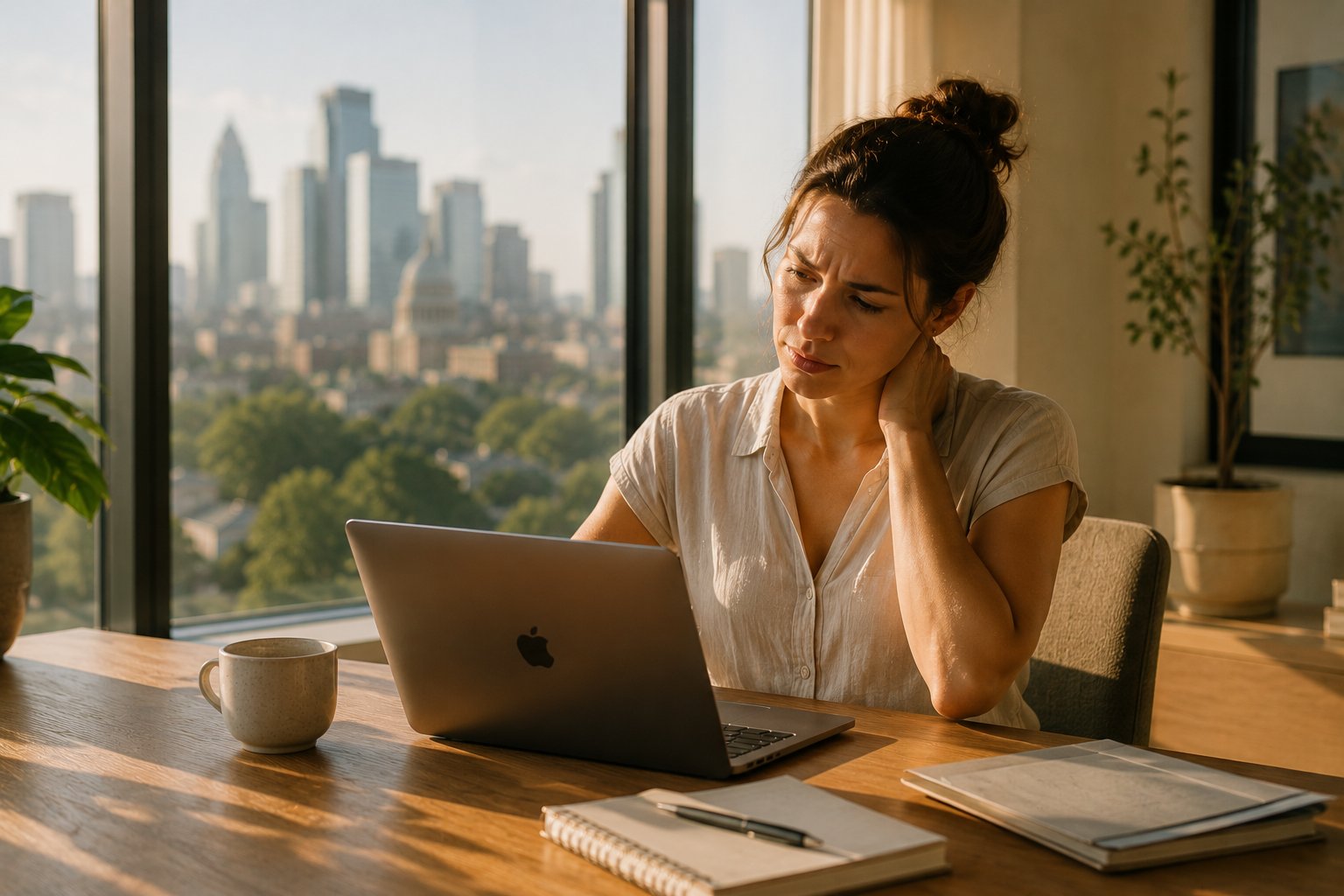 Woman with neck strain working at a desk in Austin.
