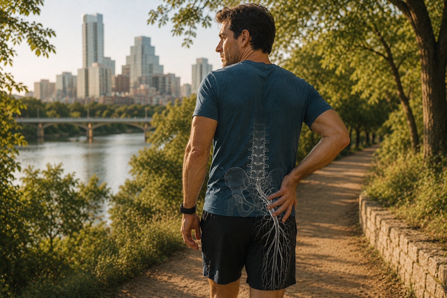 Man walking in Austin with a subtle low back, pelvis, glute, and leg sciatic nerve pathway overlay.