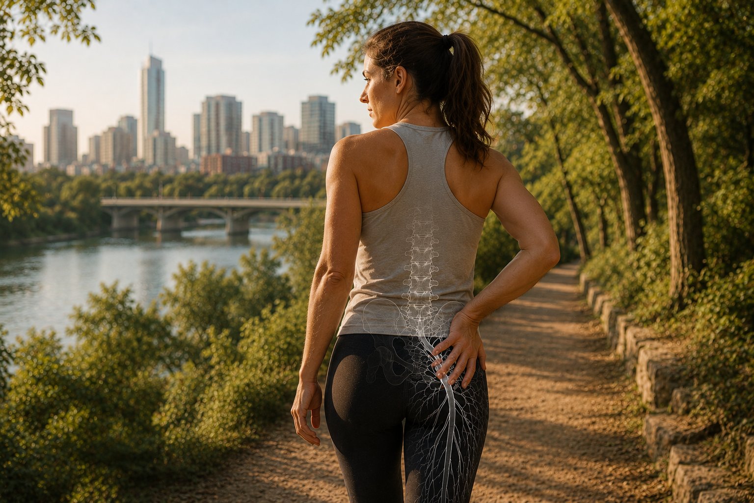 Woman walking with subtle sciatic nerve pathway anatomy overlay in Austin.