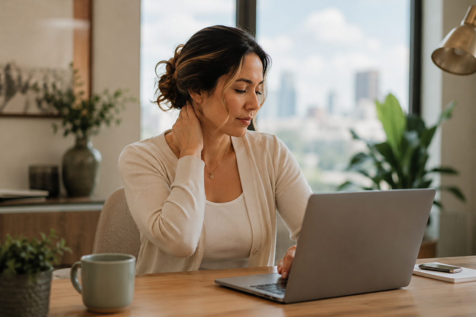 Woman holding her neck while sitting at a desk.