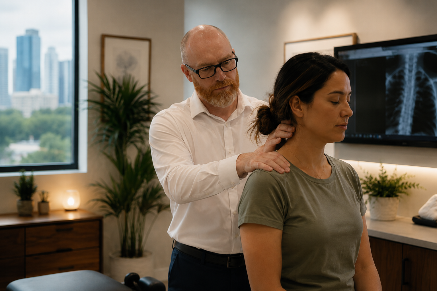 Chiropractic neck treatment for posture-related neck pain and mobility restriction.