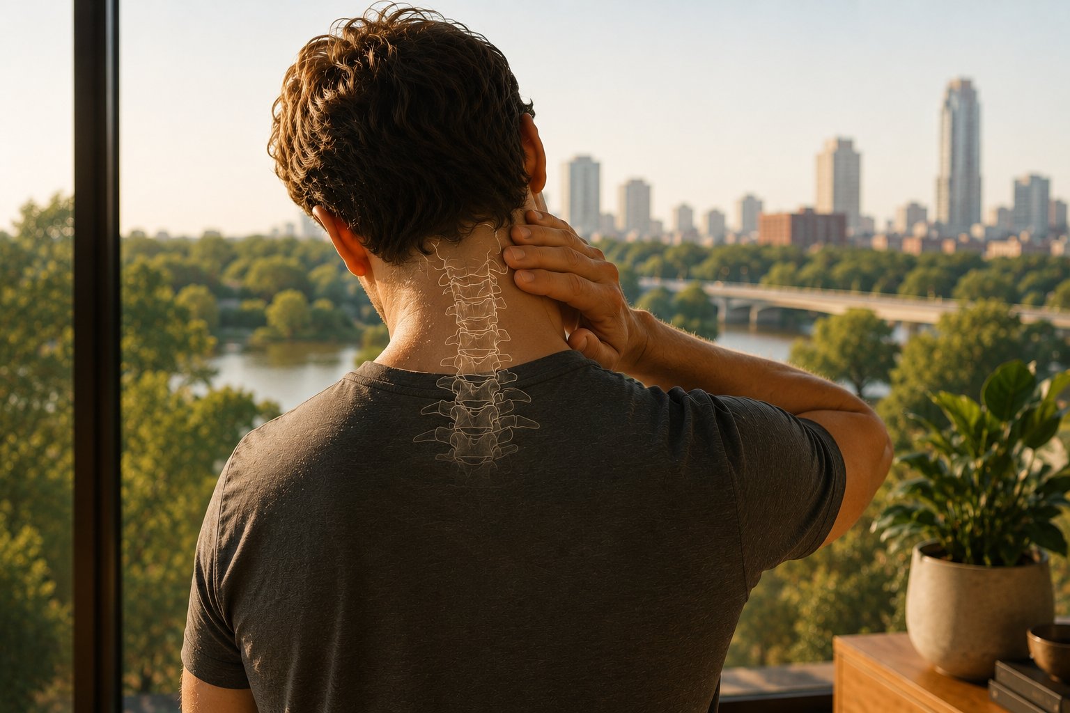 Man with neck pain and subtle cervical anatomy overlay after whiplash symptoms.