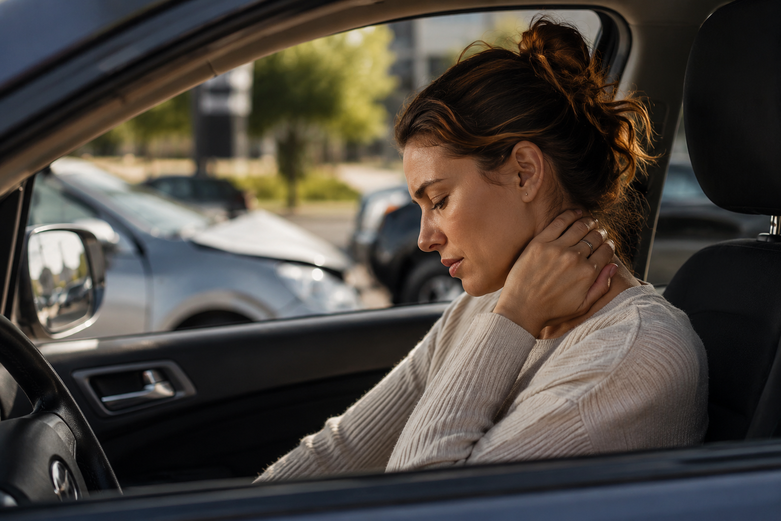 Woman with neck pain seated in a car immediately after an auto accident.