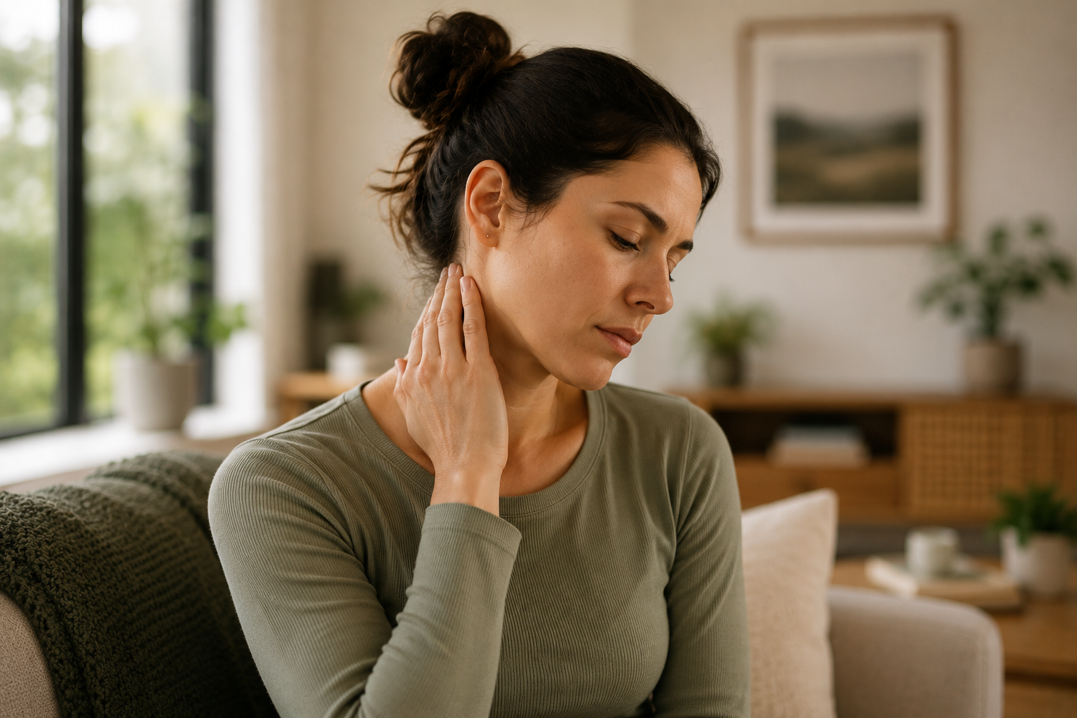 Woman gently holding her neck during early whiplash recovery.
