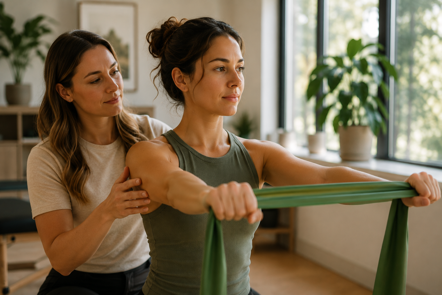 Therapist guiding a patient through a resistance band movement exercise.