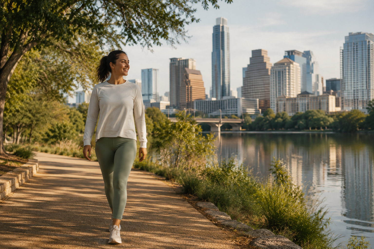 Woman walking near the Austin skyline during long-term recovery.