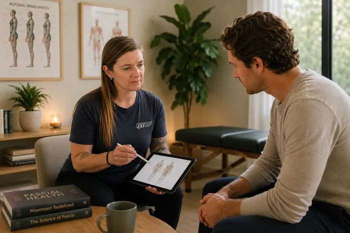 Kathryn Palmer consulting with a patient at 100% Chiropractic Austin Rosedale.