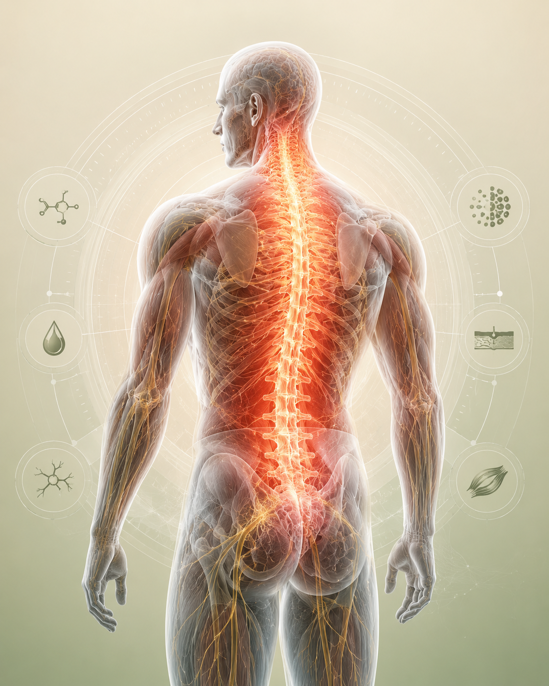 Educational body diagram showing targeted Class IV laser therapy concepts around the spine and soft tissue.
