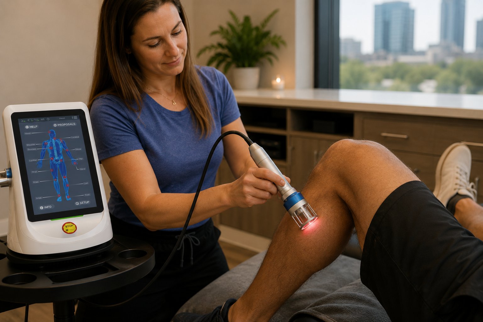 Class IV laser therapy being applied at 100% Chiropractic Austin Rosedale.